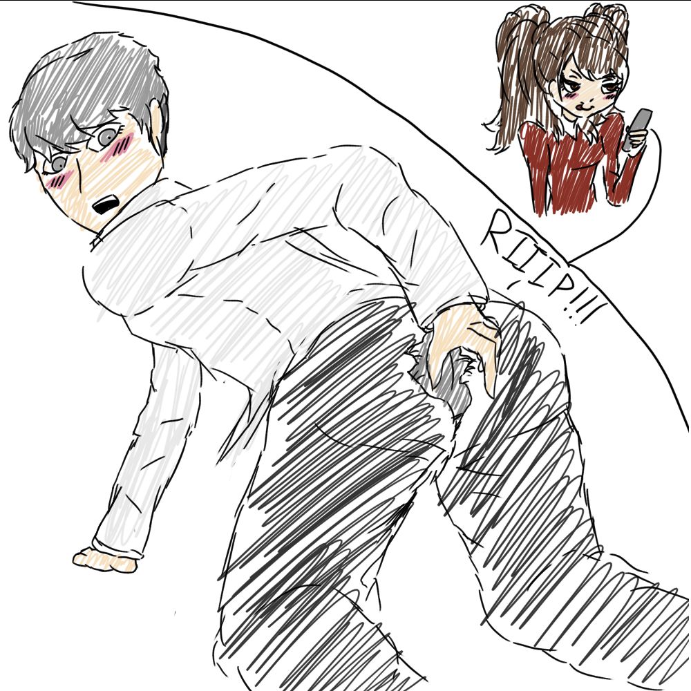 Rise Kujikawa looks at her phone lockscreen while blushing, which is a picture of Yu Narukami reacting to the back of his pants ripping.