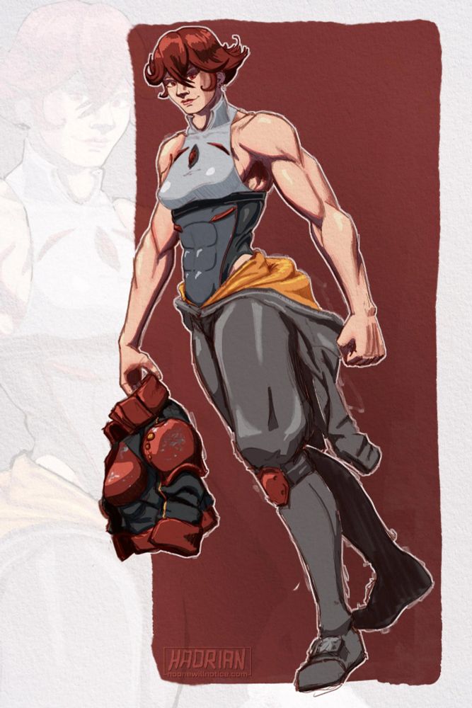 A muscular white woman with short red hair wearing a bodysuit with a flight suit pulled down and the top half hanging from her waist. She carries an armored jacket in her right hand.