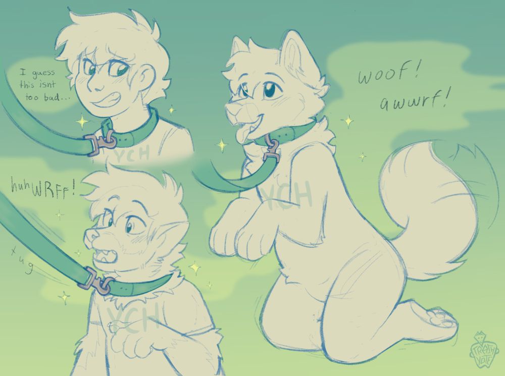 Collar and leash are attached to human YCH. The leash is tugged and the human YCH turns into a canine stand in. The text goes as follows "I guess this isnt too bad..." "huhWRFF!" and "woof! awwrf!"