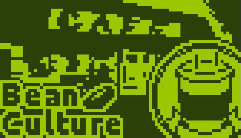 The title screen of the game: the silhouette of a coffee shop is in the background, while the logo pans up and in from the bottom.