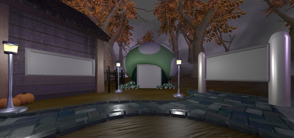 WIP shot: A Halloween themed stage set in a dark, foggy forest. Green mushrooms frame the large center screen, itself decorating the front of a large mushroom, stretching almost as tall as the old, weathered house that sits beside. An arched walkway of alternating, diagonal bricks stretches from one side of the frame to the other, connecting the major landmarks that make up the image.