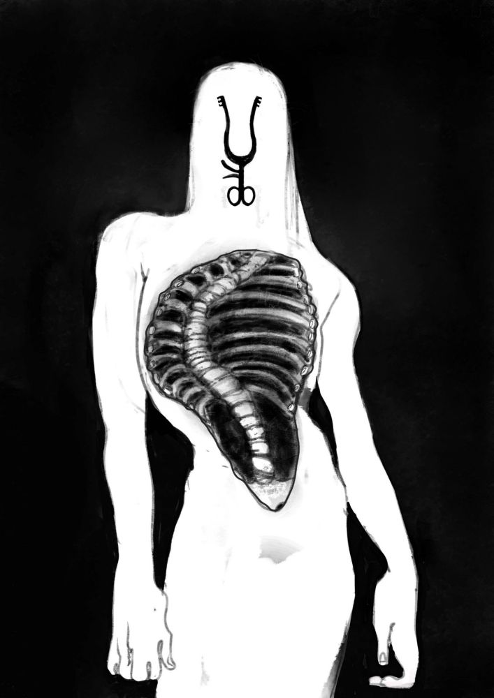 A black and white digital drawing of a human figure whose torso has been sectioned to reveal a body devoid of all organs - nothing but a curved spine inside it.  In the middle of the featureless face, the image of a black Beckman retractor stands out.