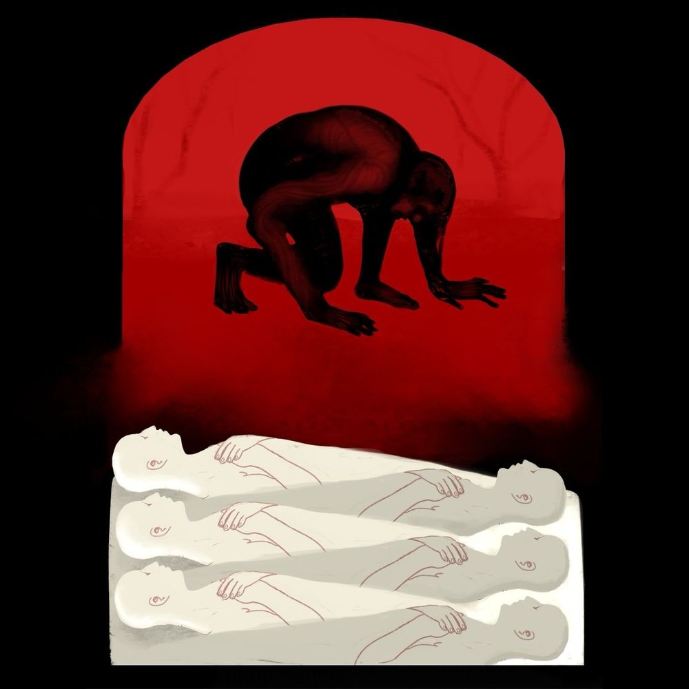 A digital illustration with dark tones depicting the end of the world.
On the bottom, some light figures lie all lined up in the shadows of a vault. They appear to be dead, but their passing was peaceful, as opposed to the figure on the top half of the piece: a dark silhouette agonizing in a scorched and barren landscape, their skin burning and exposing muscles.