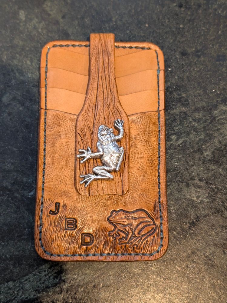 Custom carved frog themed card holder 