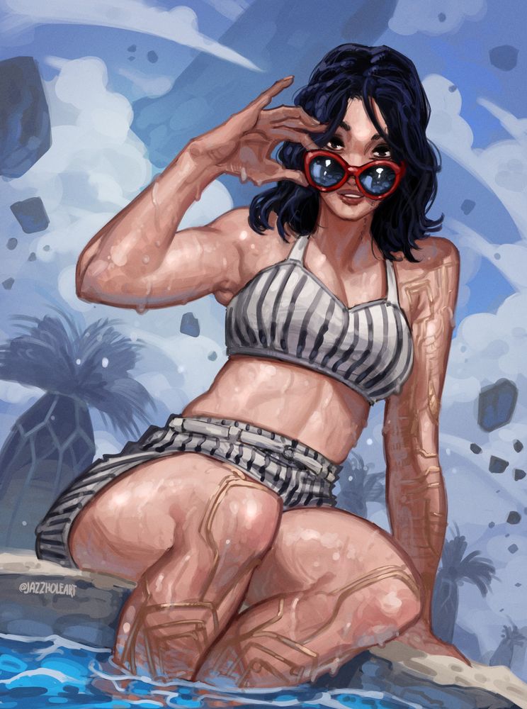 A suggestive pinup picture of Lune (character from Clair Obscur: Expedition 33). A woman sitting on the beach in the swimsuit with stripes, legs in the water, wet skin. Fantasy landcape on the background with flying rocks and weird brush-like buildings (from the game).