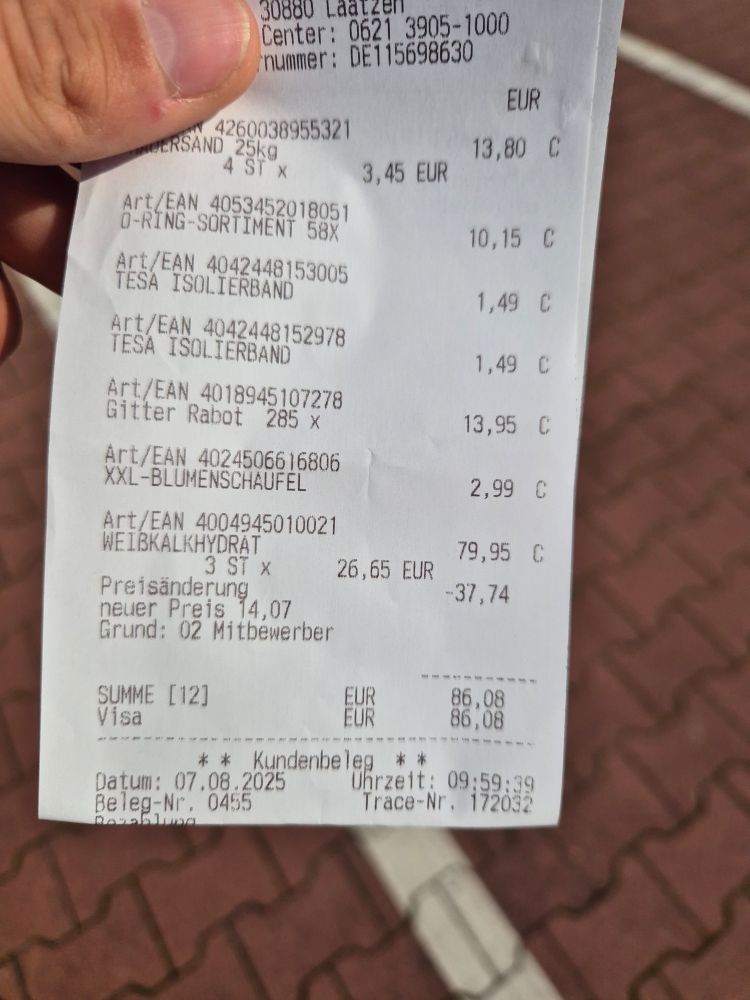 Bauhaus-Kassenbon

Weißkalkhydrat original 26,65€, Preisänderung auf 14,07€, Grund: Mitbewerber