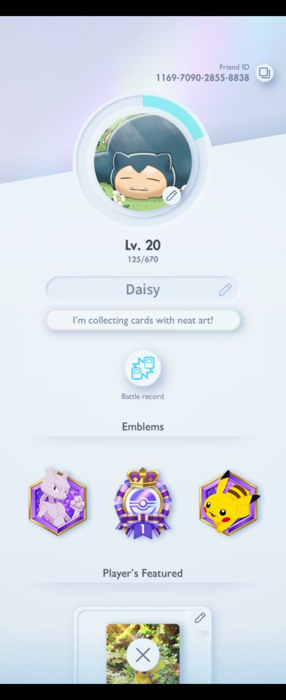 Screenshot of player profile featuring a Mewtwo emblem, victory event emblem, and Pikachu emblem purely for aesthetic flex
