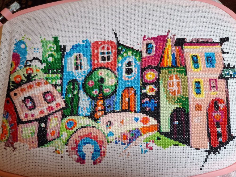 Cross stitch update. Rainbow Village. Very fiddly.