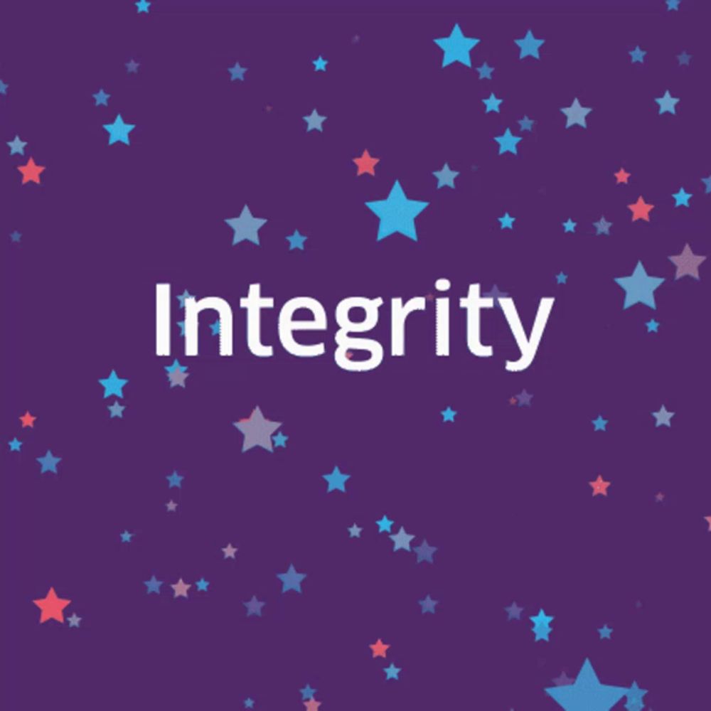 the word integrity is on a purple background surrounded by stars