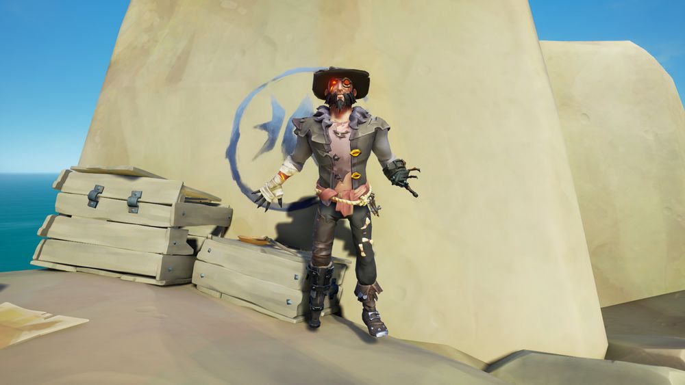 A Sea of Thieves pirate standing a rock with glowing red eyes. Wearing a folded brimmed hat, bandages wrap one clawed hand, a gnarled metal hook adorns the other arm, dark vest exposing tattoos and glowing red scars, dark pants with bones hanging off them, dark boots, black wooden peg leg.