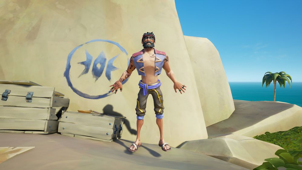 A Sea of Thieves pirate standing on a high rock. Scruffy black hair and beard, blue and red vest with chest exposed, blue sash belt, dark pants with gold accents going to his knees, and sandals.
