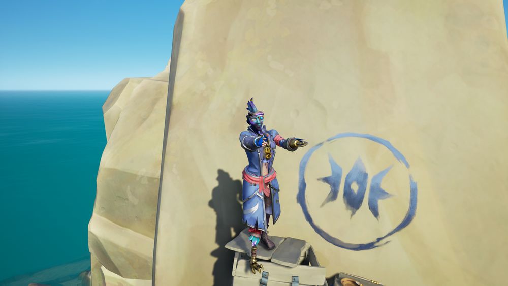 Sea of Thieves pirate wearing an assortment of bright blue clothes, face paint, hair, with some red, silver, and gold accents