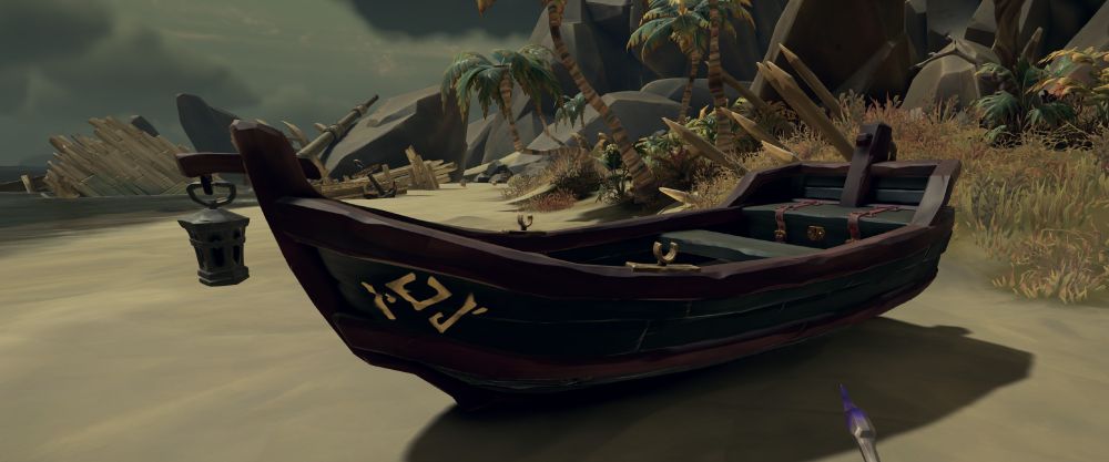 A darkly colored Sea of Thieves rowboat with white emblems painted towards the front of it, beached on an island.
