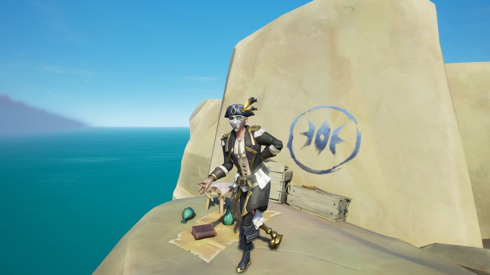 Sea of Thieves pirate standing on a tall rock wearing a blue hat with a golden feather, flowing white shirt under a black coat with gold trim, dark pants, dark boots, and a golden pegleg