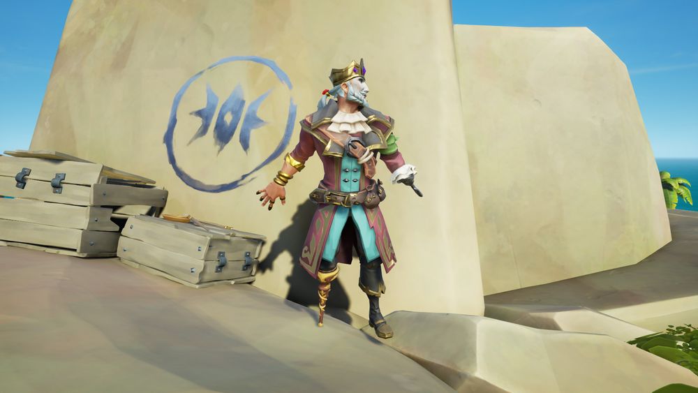 A Sea of Thieves standing on top of a high rock, looking to the side. Wearing a gold crown, white face makeup, and rich flowing red and green clothes, with some gold accents.