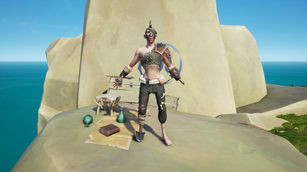 Sea of Thieves pirate standing on a rock with a metal mohawk hairstyle, dark leather torso cover with metal and leather shoulder cover, metal hand covers, a silver metal hook hand, dark pants with bone accents, a pegleg made from a shovel, and white footwraps