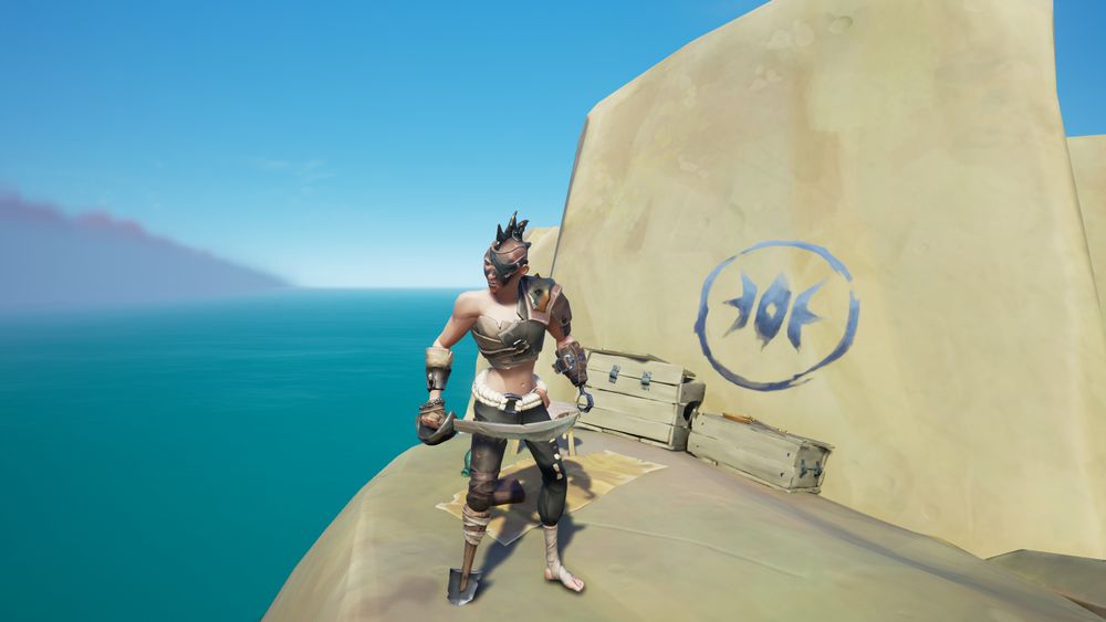 Sea of Thieves pirate standing on a rock with a metal mohawk hairstyle, dark leather torso cover with metal and leather shoulder cover, metal hand covers, a silver metal hook hand, dark pants with bone accents, a pegleg made from a shovel, and white footwraps