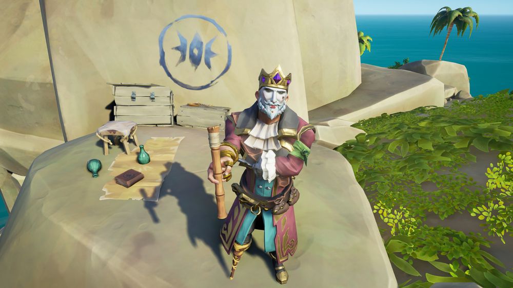 A Sea of Thieves standing on top of a high rock, twirling a blow pipe. Wearing a gold crown, white face makeup, and rich flowing red and green clothes, with some gold accents.