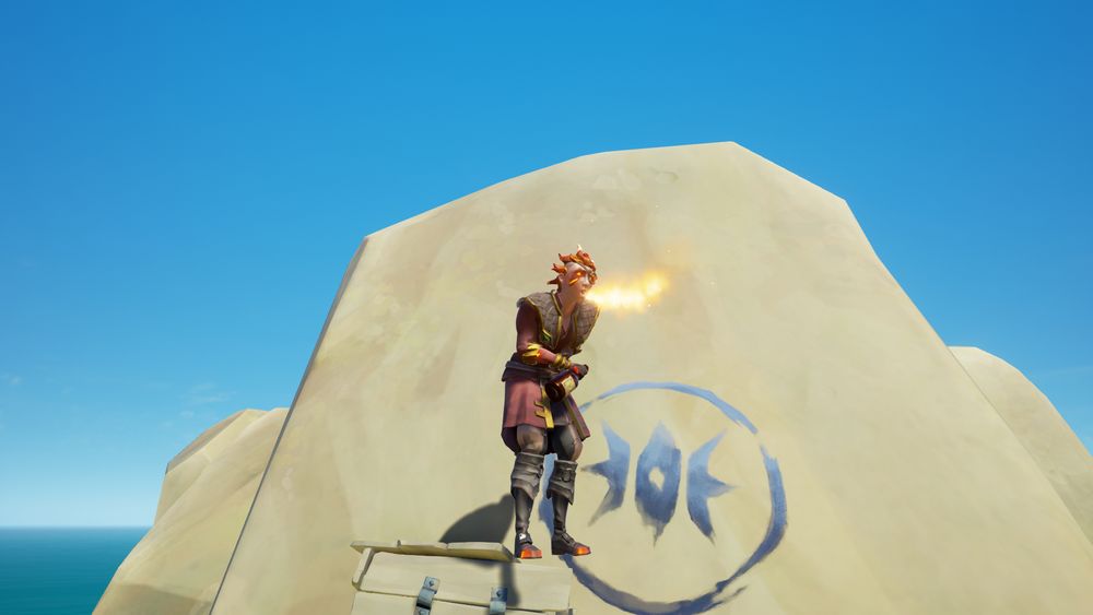 A Sea of Thieves pirate standing on a tall rock with fiery red hair, red eyes, red leathers with brown accents and gold trim, and boots with glowing red metal breathes a small plume of fire