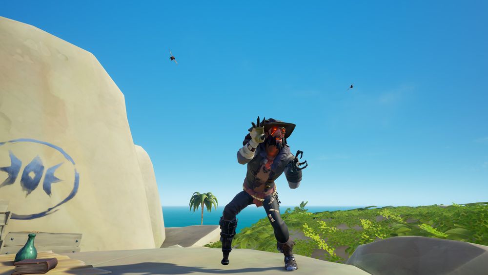 A Sea of Thieves pirate standing hunched over on a rock, hands open aimed forward, menacingly, with glowing red eyes. Wearing a folded brimmed hat, bandages wrap one clawed hand, a gnarled metal hook adorns the other arm, dark vest exposing tattoos and glowing red scars, dark pants with bones hanging off them, dark boots, black wooden peg leg.