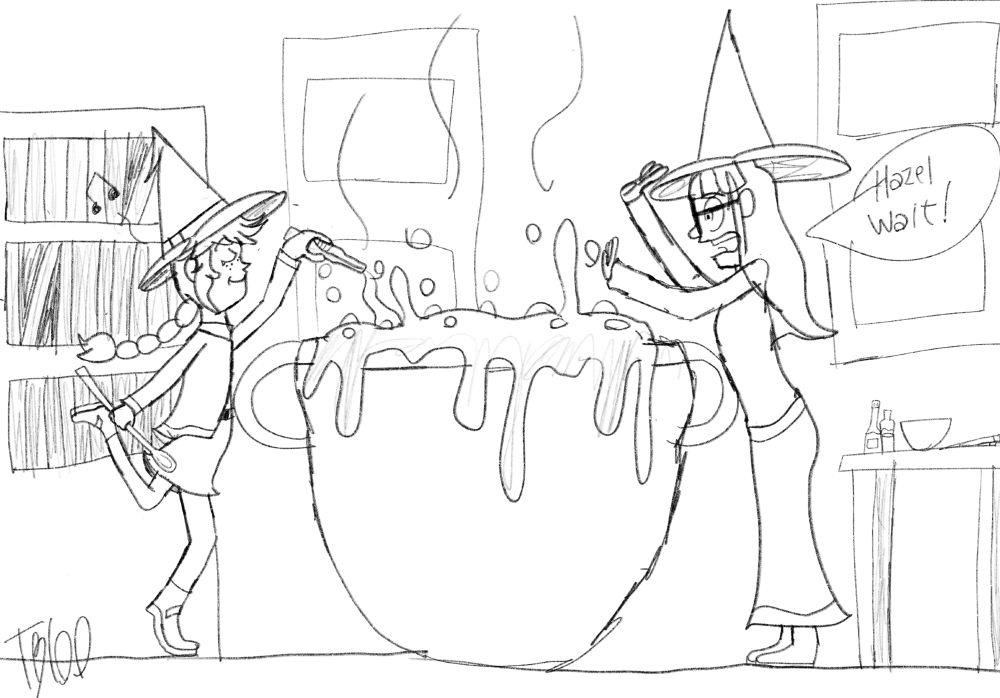 Hazel about to put a potion into a cauldron despite her friend's warning.