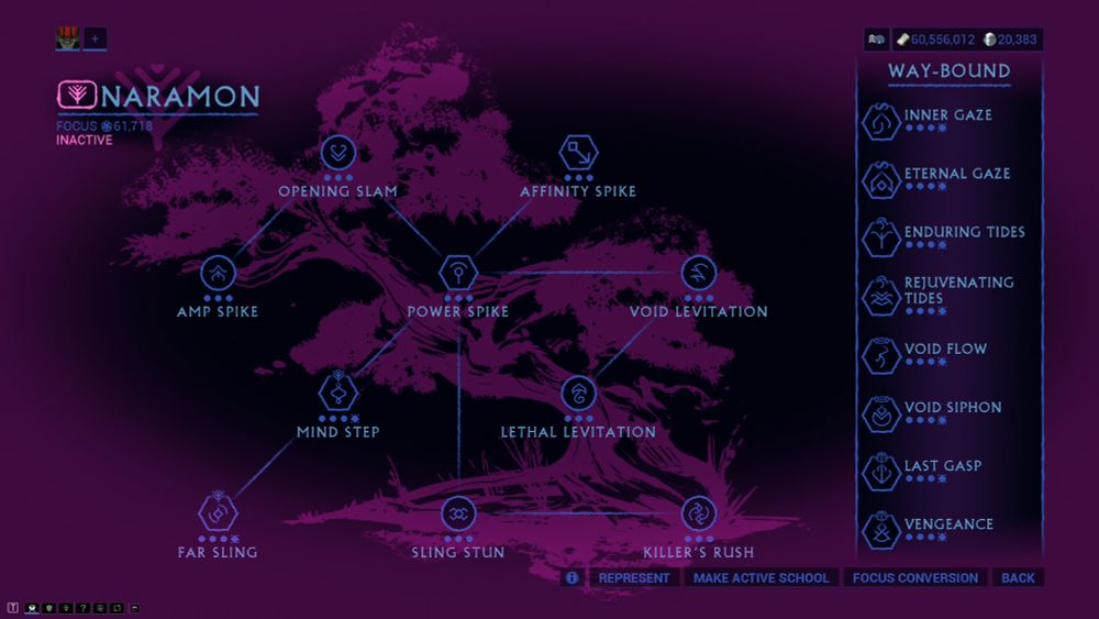 warframe screenshot showing a maxed out naramon focus school