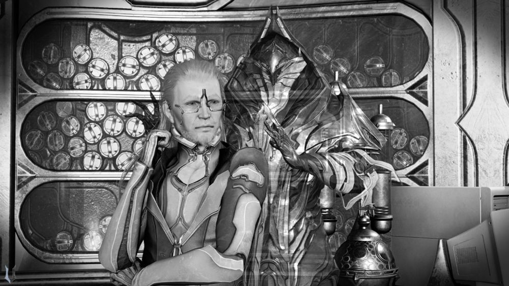 black and white warframe screenshot showing Loid with his head half turned to the side, behind him stands a semi transparent Dante with his hands reaching for Loid's shoulders