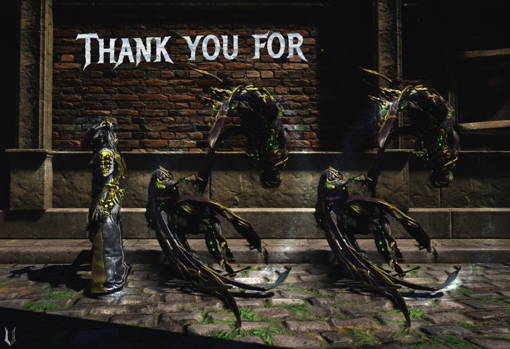 warframe screenshot showing text written on a wall that says "thank you for" and underneath that text a sideways turned mesa to emulate a 1, and two Wisps mid idle to emulate the 0's