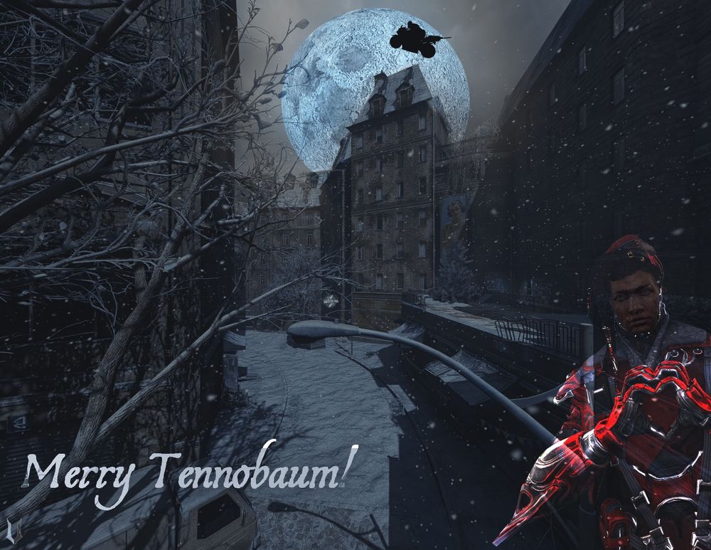 warframe screenshot in a greeting card style, showing lua over a snowy Höllvania, with a silhouette of Quincy Clause on his atomicycle flying through the air in front, in the lower right corner is a semi transparent Quincy Clause showing a heart towards the receiver of the card, with text near the bottom left that reads "Merry Tennobaum!"