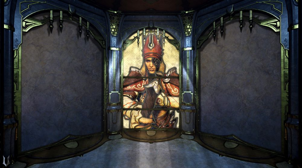 warframe screenshot of a 3 paneled wall in an entrati themed area, with the middle panel having a cathedral style stained glass window featuring Lyon