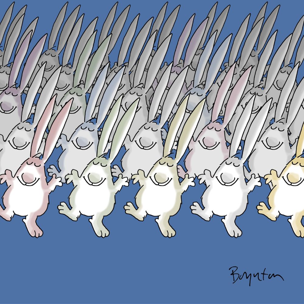 Cartoon of rows of white rabbits dancing.