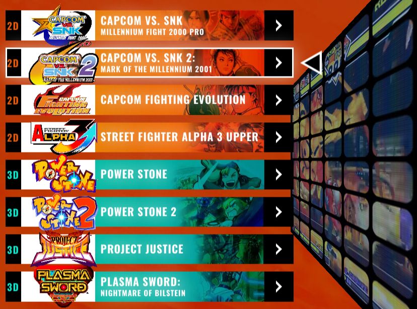 A screenshot of the list of games in Capcom Fighting Collection 2 from Capcom’s website saying Capcom vs SNK, Capcom vs SNK 2, Capcom Fighting Evolution, Street Fighter Alpha 3 Upper, Power Stone, Power Stone 2, Project Justice, and Plasma Sword.