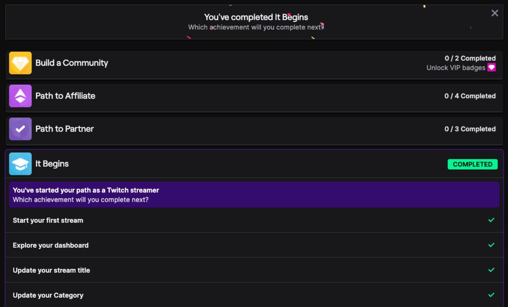 A screenshot of completed goals on "it begins" on twitch.