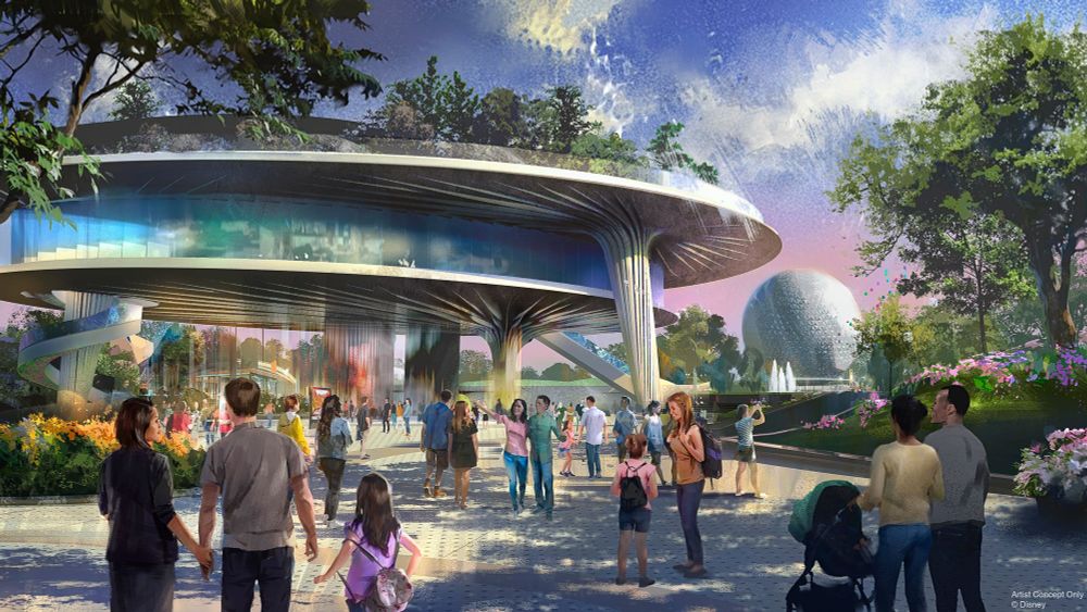 Concept art from the initially released plan to remodel Epcot's Future World into World Celebration. A large, flat, circular building lined with glass panels is elevated above the walkway with a park-like area beneath it.