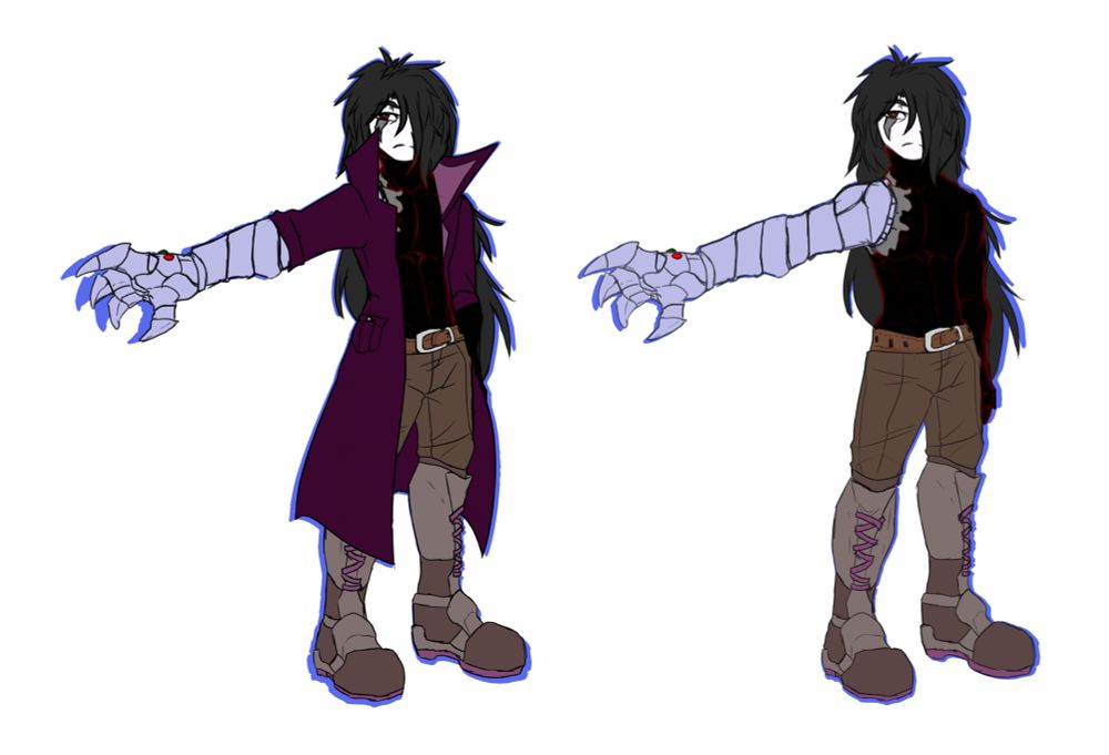 Stickman with a robotic arm and long hair and face markings