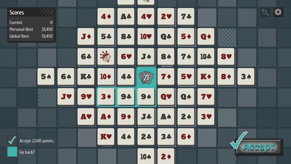 The Nine of Spades, Nine of Clubs, and Three of Diamonds are selected, making a hand size of twenty-one.