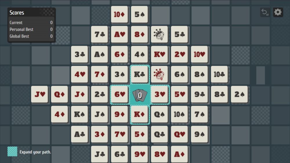 A spread of 52 cards in a diamond shape. Two jokers are in the upper-right quadrant.