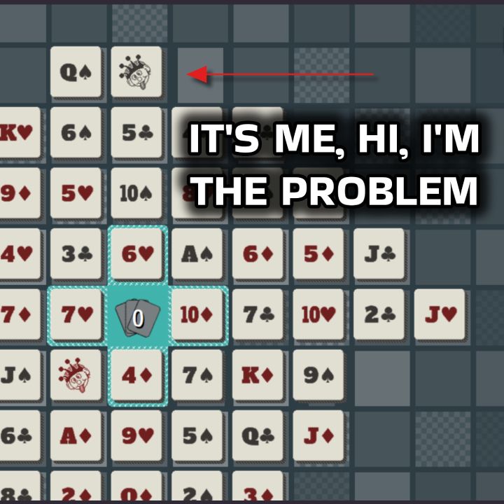 A picture of today's PathJack puzzle with an arrow pointing at the black joker, and meme text that says, "It's me, hi, I'm the problem."