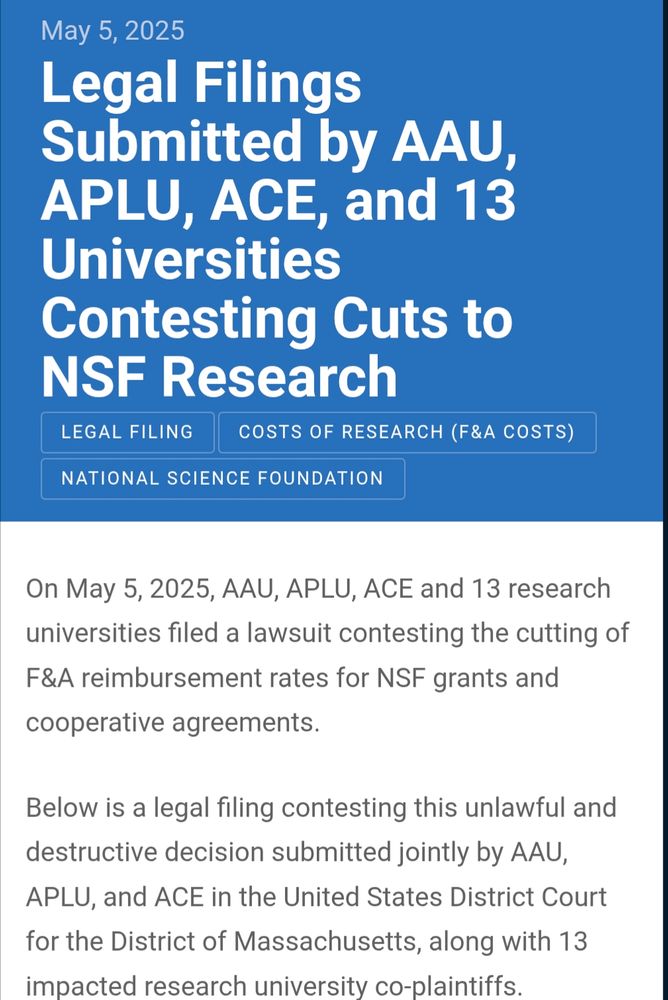 Screen shot of the website with the link of the May 5th 2025 Legal filing submitted by AAU, APLI, ACE, and 13 Universities contesting cuts to NSF research 