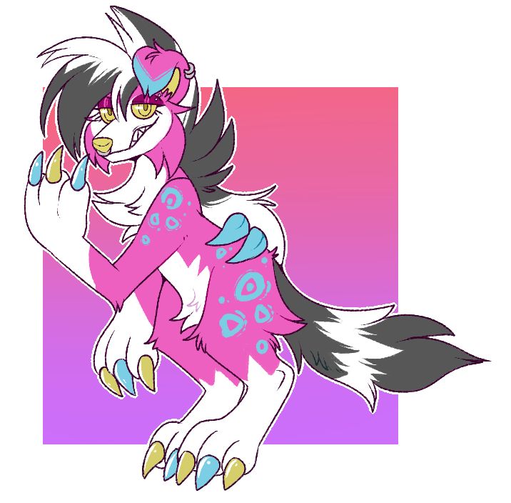 A hot pink Lycanroc with  black and white striped mane and tail. She has blue spots and alternating blue and yellow nails.