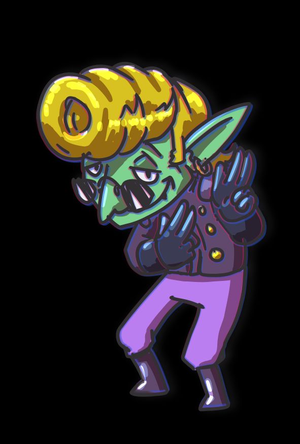 Goblin dressed like a rockabilly, with a blonde pompadour and sunglasses. The goblin has a smug smile and is giving finger guns.