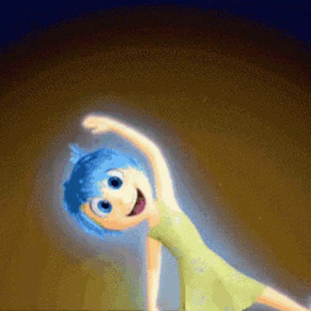 a cartoon character with blue hair is smiling and stretching