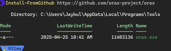 A screenshot of a terminal showing the command:
Install-FromGithub https://github.com/oras-project/oras

Followed by a list output where the latest oras.exe file was downloaded and put into the PATH so you can run it... in under a second.