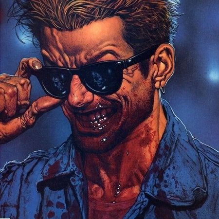 Cassidy, the Irish Vampire from Preacher, as illustrated by Glen Fabry. He is a blond guy who appears to be in his 30s. He adjusts his Wayfarers and smiles viciously, his lower face and neck covered in blood. In the lenses of his you can see the reflection of a man, possibly Jesse Custer.