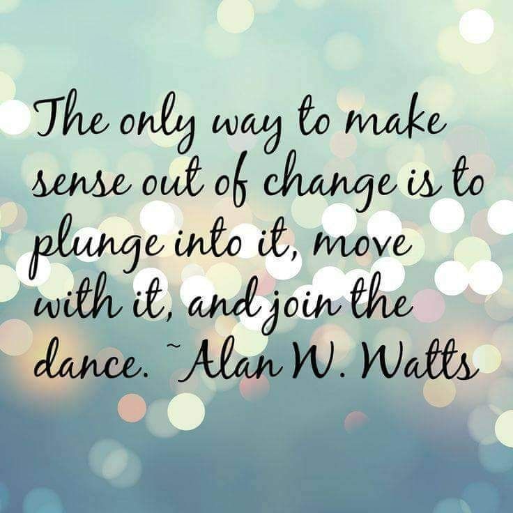Image reads: the only way to make sense out of change is to plunge into it, move with it, and join in the dance.
Alan W. Watts 