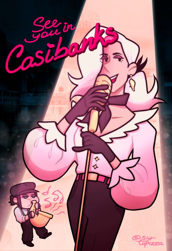 [Start of ID: a drawing of my OCs – Peony Pekum and Chloe Hayler. The artpiece looks like a postcard.
Peony – a young 16 year old guy with long white hair, put together in a ponytail – is a main focus character here, singing with a microphone on a long stick. Chloe – his sister with teal eyes black hair, put into a shorter ponytail, is drawn as a chibi in the bottom left corner of the picture. She's playing a saxophone. Very powerful, very talented.
Peony is wearing a white shirt with puffy sleeves with curvy lapes and cuffs – lapels look like wings abd cuffs may remind you of white flowers wuth their shape. Peony's shirt is tucked under black suit trousers with a high waist and a pink belt with a golden buckle to support them. He wear a pair of gloves and a neck scarf of a similar black. His ponytail is tied with a black ribbon and his visible ear (his left ear, to your right) has a small golden feather earring. Peony has a big sharp nose and black eyebrows. He's wearing black with pink glitter eye shadow. His mouth is open – he's singing with a golden microphone he is holding, swinging slightly.

Chloe wears a black cap, white shirt with teal vertical stripes, teal tie and and black fingerless gloves. She's wearing black trouseres, supported with teal suspenders, and black shoes. Chloe's face expression is quite unexpressive.
She dances slightly as she plays the saxophone. Three small pink music notes flow from the saxophone.

Both of their figures are illuminated with a bright pinkish light. The background isn't visible as much – it's a dark cabaret or a bar.

In th top left corner is a large pink caption, reading "See you in Casibanks". In the bottom right corner a smaller signature can be seen – @syrtupizza. End of ID]