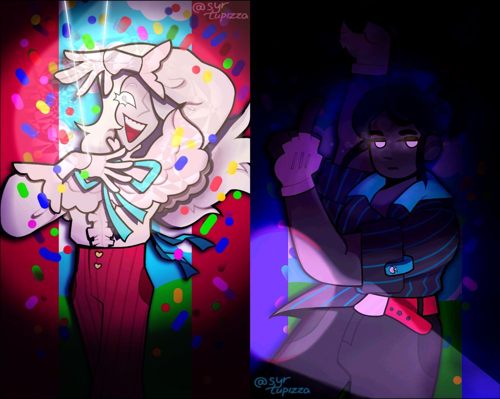 [Start of ID:
another drawing of Peony and Chloe, this time it's two separate but paired pieces, reminiscent of the 'Mesmerizer' song animated clip with Hatsune Miku and Kasane Teto. Both Peony and Chloe are possessed.

Peony's piece is on the left side. Peony is in Noblebright mode, being possessed by Skaia. He's smiling widely AND wildly, showing off his gums. His only visible right eye is glowing, a little spiral is seen in his grey pupil. His long hair is loose, swinging behind him as he dances.
He's wearing a white ruffled shirt with puffy sleeves. Its cuffs look like sets of wings. He also wears a short ruffled cape that covers half of his shirt. A large turquoise bow is tied around his neck. Another pair of teal ribbons is seen flowing from behind his back. Peony also wears white gloves – they cover his fingers but show the back of his hands.
He's also wearing pinkish red pants with thin vertical maroon stripes and two golden heart-shaped buttons.
His figure is illuminated with a biright stage light, confetti flying around. From the back of each of his hands a string of light stretch upwards, puppeting him.

Chloe's piece is on the right. Chloe's in Grimdark mode, being possesed bu Horrorterrors. Her skin is datk grey, eyes glow white in comolete darkness, that surrounds her. Her black hair is put in a short ponytail. As always, her face doesn't seem to express any emotion.
Her right hand is put high in the air. Her left hand is flipping off.
She's wearing white fingerless gloves, a black shirt with vertical teal stripes, sleeves rolled up and supported with a teal strap with a spade-shaped button, collar unbuttoned. She also wears dark grey pants with a pinkish red belt and silver buckle.
She is dancing in darkness, surrounded by her Void aspect. The stage light is skewed to the left. A halo of sinister aura hints Chloe's face.

End of ID]