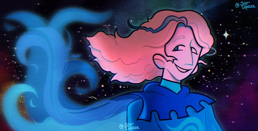 [Start of ID: this is a bust drawing of a long haired person, surrounded with space and stars. They are smiling kindly, their hair is swept back seemingly because of the wind flowing in thier face.
They have a light-gray skin and almost fully white hair, except for one blue strand. Their brows are white as well, eyes are blue and they have a big sharp nose.
They wear a Knight of Breath pijamas (or godtier outfit) with light blue undershirt with a high collar, an azure t-shirt with a Breath aspect symbol on the chest – it's two curved lines, one under another. The bottom line is curved downwards and the upper stretches further left and curves upwards slightly.
The person also has a blue cape with a hood. From beneath of this cape multiple streams of wind blow of different shades of blue – sky blue, cobalt, cerulian. Flowing winds almost look like they form an actual cape of this person. Their streams curve in different direction, framing the person from the left. End of ID.]