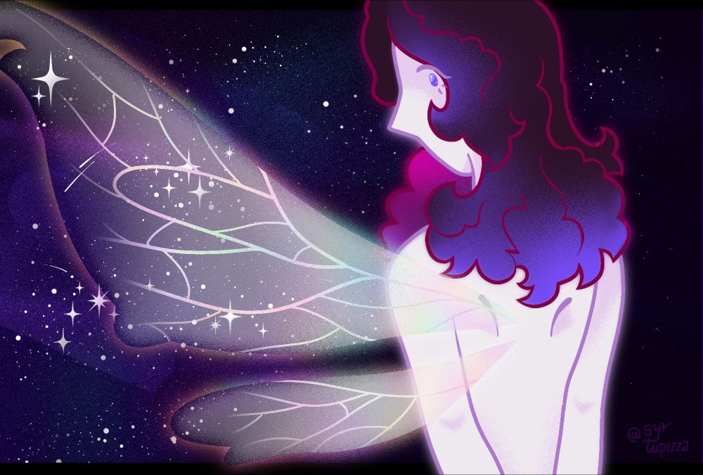 [Start of ID:
'Pixie dreams' – an artpiece with a white figure with long dark hair and sparkly butterfly wings surrounded with space and twinkling stars.
The person stands with their back to you. Their hands are put behind their back shyly, as they look behind from their curly hair, that frame their face. 
Iridiscent half-transparent butterfly wings glow slightly. It almost looks like they are covered in stars of cosmos.
End of ID]