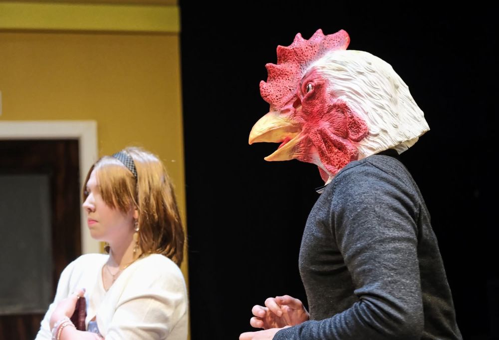Sue and a student dressed as a chicken